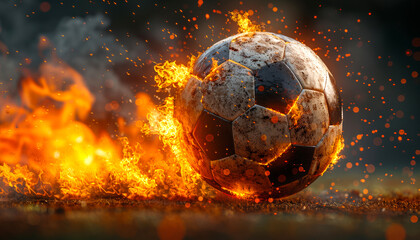 A soccer ball is on fire and surrounded by flames. Concept of danger and destruction