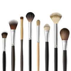 Set of various professional makeup brushes arranged in a row on a transparent background