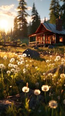 Canvas Print - An unkempt rural area overgrown with grass and dandelions  