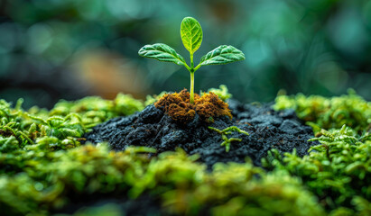 Wall Mural - A small plant is growing in a patch of moss. The plant is green and he is a seedling