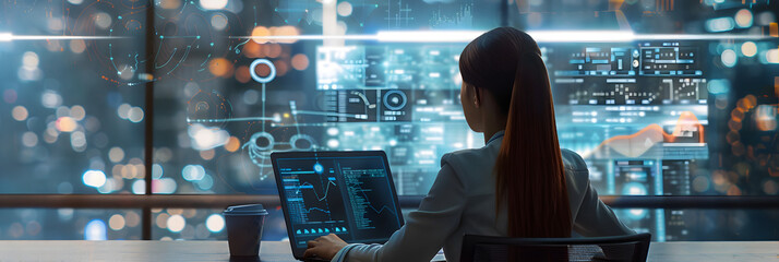 Wall Mural - Female system engineer working on laptop in modern office. displaying graphic and data visualizations of network traffic and security statues on large digital screen 