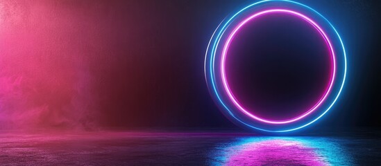 Poster - Glowing Neon Circle Technology Background with Text Overlay on Dark Surface