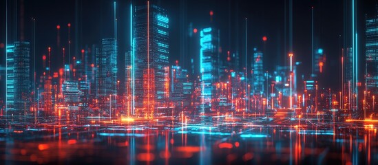 Aufkleber - Vibrant nighttime urban landscape featuring illuminated virtual data structures and interactive interface elements Conceptual representation of a technologically advanced city where innovation and