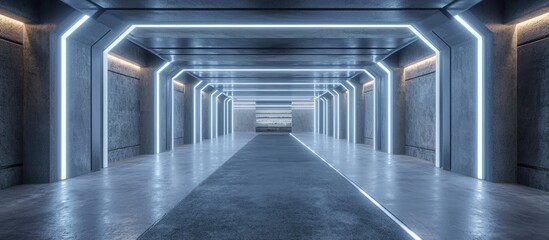 Poster - Futuristic Sci Fi Corridor with Illuminated Space for Product Display Modern Interior Concept Featuring Cement Floors and Walls 3D Render