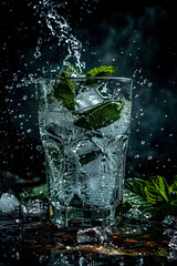 Wall Mural - Fresh mint leaves falling into a glass of mojito. 