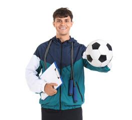 Canvas Print - Male PE teacher with soccer ball and clipboard on white background