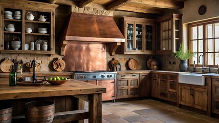 Canvas Print - Rustic kitchen interior wooden cabinets and coppe