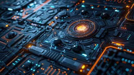 Poster - Cybernetic 3D interface with digital elements and futuristic UI design, perfect for tech presentations or sci-fi concepts