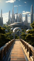 Poster - An urban jungle concept showcasing a futuristic cityscape where lush greenery intertwines with modern architecture, creating sustainable and eco-friendly urban spaces for businesses 