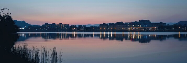 Sticker - Dusk view of distant buildings overlooking a vast lake