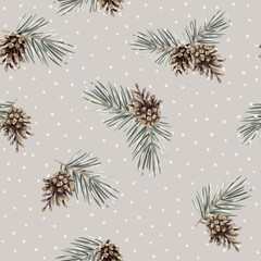 Wall Mural - christmas seamless pattern, pine twigs with cones, snow, beige background. vector illustration. natu