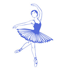 Wall Mural - A graceful ballerina in a blue tutu performing a dance move with her arms raised and legs extended