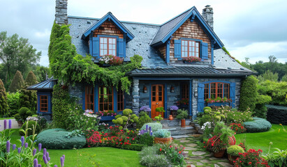 A large blue house with a green roof and a garden in front of it. The house has a lot of windows and a porch