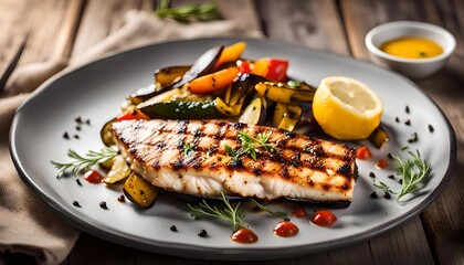 Wall Mural - Grilled Fish Fillet with BBQ Vegetables
