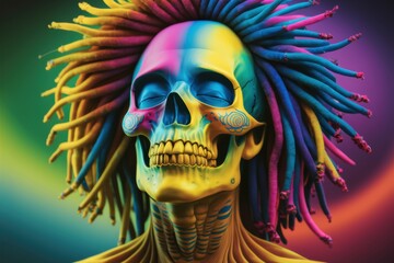 Canvas Print - A colorful skull with dreadlocks and a rainbow colored hair, AI