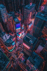 Wall Mural - Artistic aerial view of a city skyline at dusk, with neon lights and billboards in an array of colors illuminating the streets and buildings.