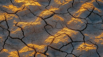 Intricate pattern of cracked desert earth with fine details and textures highlighted by golden sunlight