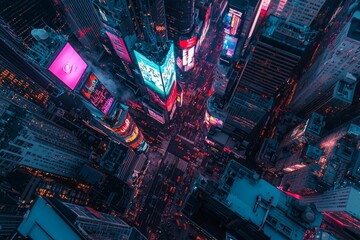 Wall Mural - Artistic aerial view of a city skyline at dusk, with neon lights and billboards in an array of colors illuminating the streets and buildings.