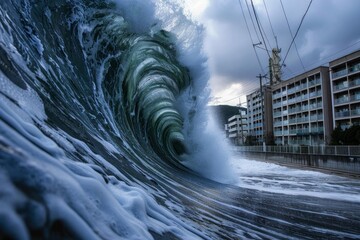 Massive ocean wave curls over a coastal city, highlighting the awesome power of nature