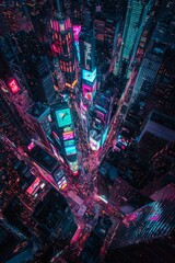 Wall Mural - Artistic aerial view of a city skyline at dusk, with neon lights and billboards in an array of colors illuminating the streets and buildings.