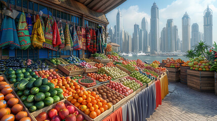 Wall Mural - Contrasting Worlds: Traditional Market Stall Amidst Modern Cityscape