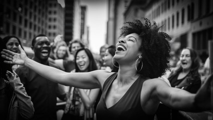 Wall Mural - A woman with arms outstretched in a crowd of people, AI