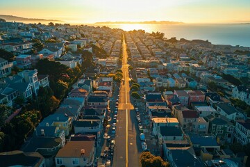 Wall Mural - Bird's-eye view of a coastal city at twilight, with the last light of the day casting a golden hue over the colorful houses and streets. 