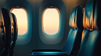 A close-up of empty airplane seats with tray tables stowed and windows slightly open, giving a glimpse of the sky