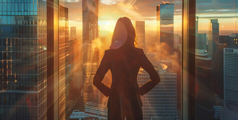 Canvas Print - Businesswoman Looking at City Skyline at Sunset.