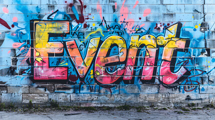 Fototapete - Vibrant graffiti spelling out event adorning a brick wall