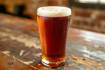 Pint glass of amber beer with a bubbly head standing on a rustic wooden bar