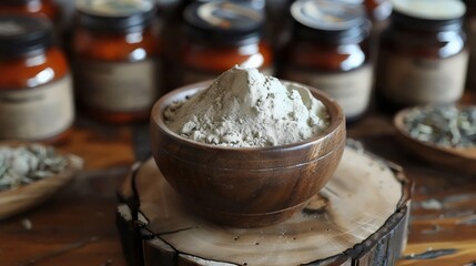 Wall Mural - A bowl of powder is on a wooden table