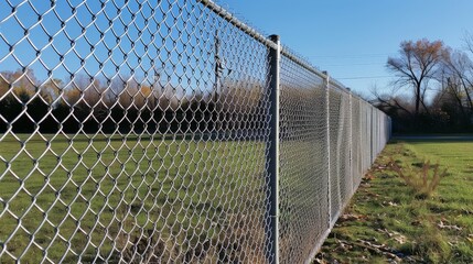 Poster - The installation of chain link fences involves sturdy posts, tension wires, and galvanized steel mesh.