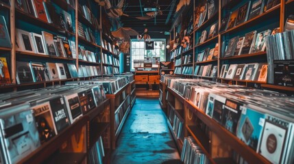 Rows of vinyl records in a record store.