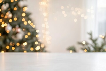 Wall Mural - White empty table top in front, blurred christmas tree background. Xmas celebration banner with empty space. White holiday backdrop with golden bokeh lights. Happy New Year scene, ai