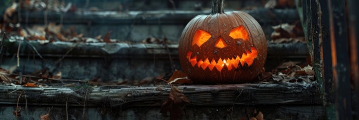 Wall Mural - Close up of a jack o lantern pumpkin on stairs