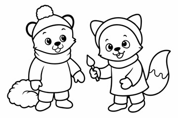  2 cute baby animal friends in winter clothes, painting together line art vector illustration