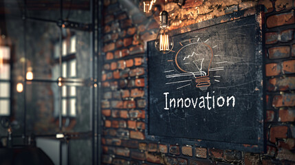 Poster - blackboard with the word innovation and a light bulb drawn on it is hanging on a brick wall