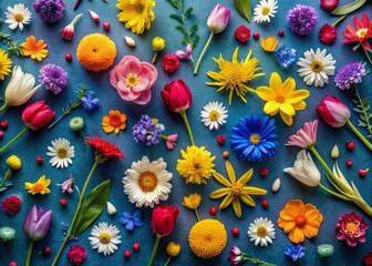 Wall Mural - Vibrant colorful spring flowers scattered randomly on a deep blue background, providing ample copy space, evoking feelings of joy, freedom, and new beginnings in a flat lay composition.