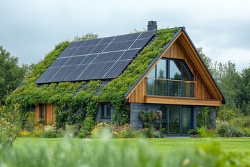 Eco-Friendly Home, A contemporary home seamlessly blending into nature, featuring a solar panel roof and a vibrant green roof garden.