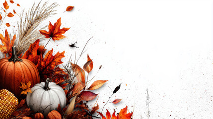 a white background with a bunch of fall leaves and pumpkins