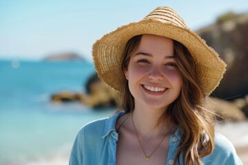 Poster - Stylish woman in hat smiling on the beach, enjoying a sunny summer vacation by the ocean.