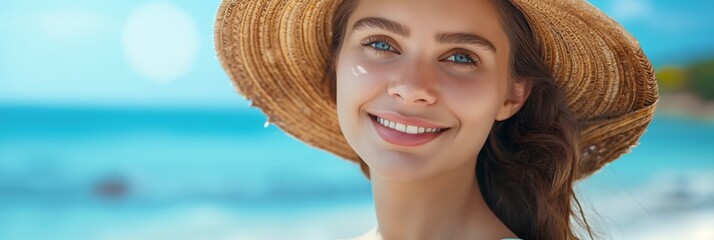 Poster - An attractive woman in a hat enjoys a cheerful vacation by the sea, embracing leisure and happiness at the seaside resort.