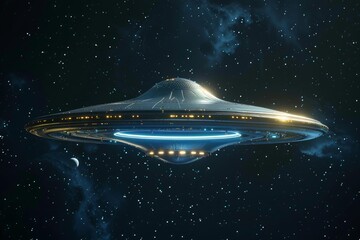 Wall Mural - large ufo spaceship is flying in space with blue lights