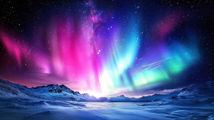 Sticker - A beautiful aurora with a blue and purple sky. The sky is filled with stars and the aurora is bright and colorful