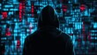© kinara art design - A hooded figure stands in front of a wall of blue and red code, creating a mysterious and ominous scene.