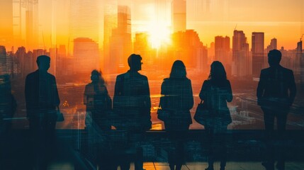 Silhouettes of Businesspeople at Sunset in a City