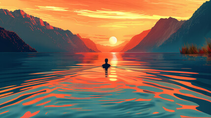 Poster - A man is swimming in a lake with a beautiful sunset in the background