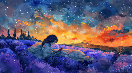 Wall Mural - A woman is reading a book in a field of purple flowers