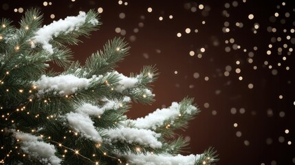 Wall Mural - Snow-Covered Christmas Tree Branch with Golden Lights and Festive Bokeh